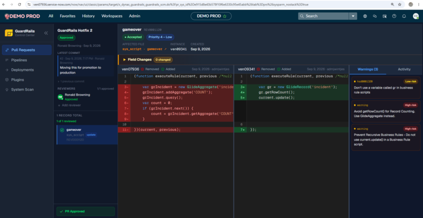 ServiceNow source control management pull request review in Dyna Software GuardRails