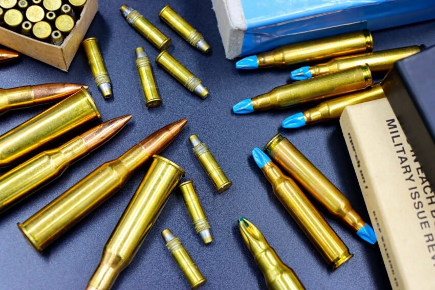 Ammunition cartridges arranged on a dark surface.