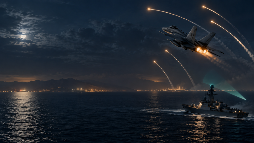Editorial illustration of a fighter jet and naval vessel operating at night above the Persian Gulf.