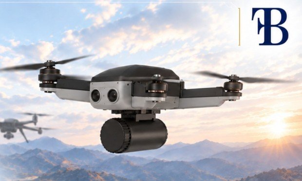 First Breach quadcopter drone prototype flying over a mountain landscape