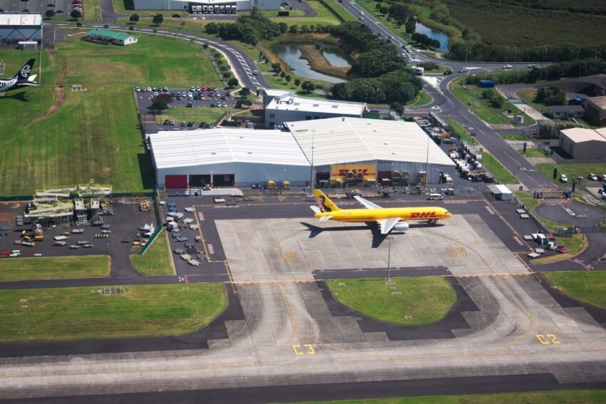 Cargo aircraft at an airport logistics facility